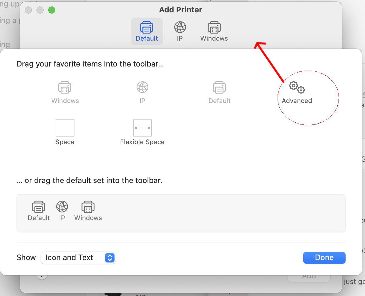 macOS Customize Toolbar window with the Advanced gear icon highlighted