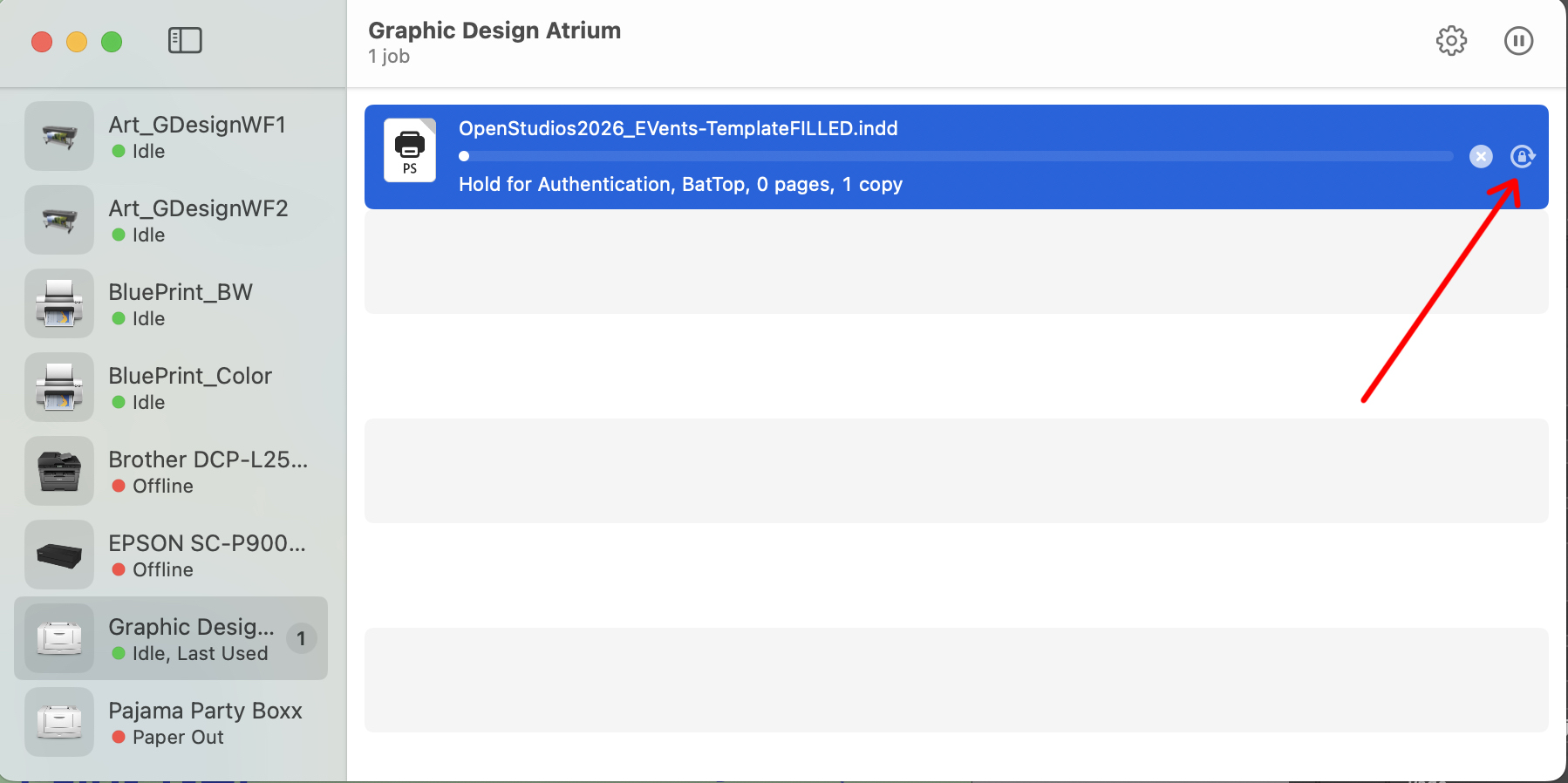 macOS print queue showing the refresh icon for a held print job